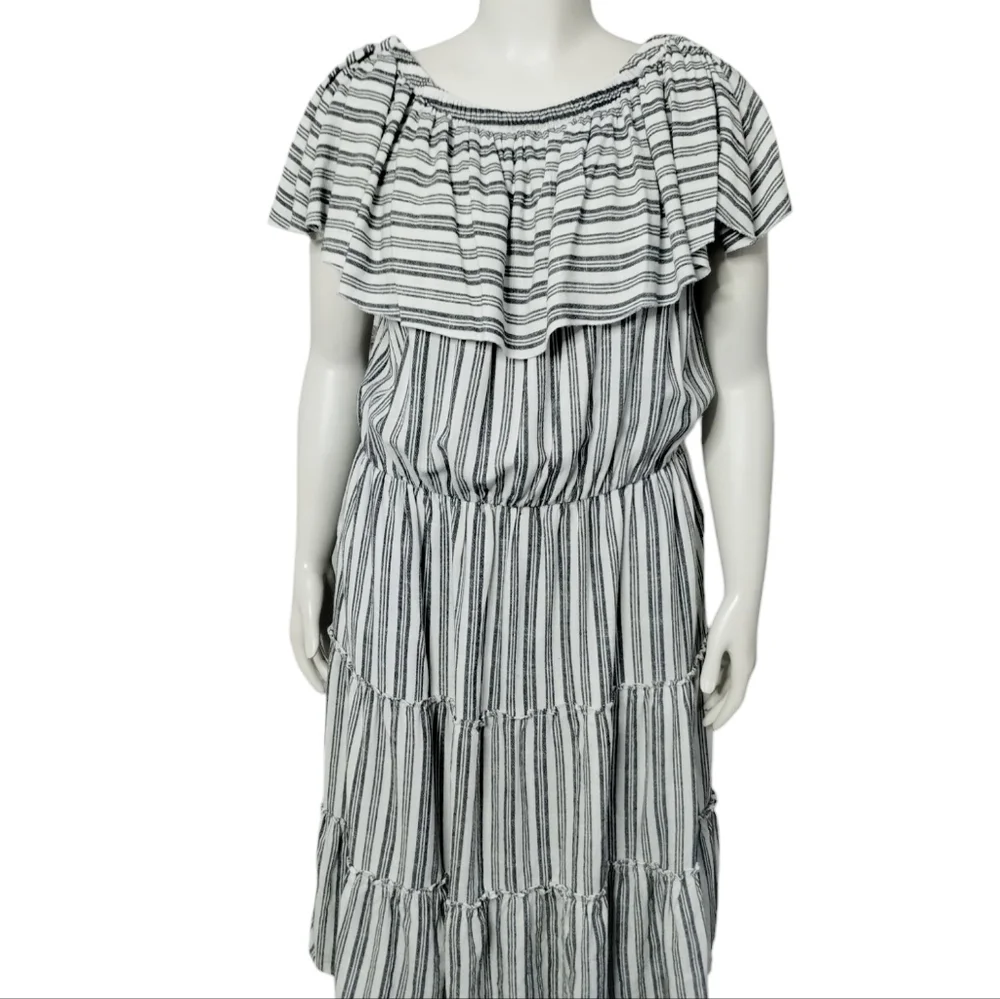 Ashley Womens Linen Euro Summer Beachy Coastal Off Shoulder Striped Tiered Dress